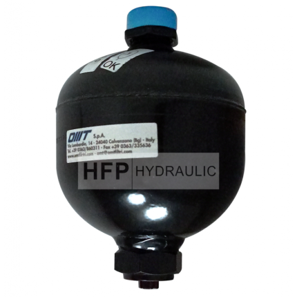 Acumulador de diafragma HFP Hydraulic de 0.75 litros y 350 bar. Ideal para sistemas hidráulicos industriales, con construcción robusta y diseño compacto para alta eficiencia y durabilidad.